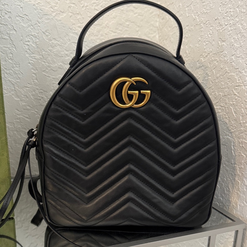 Gucci Black Chevron Backpack with Gold Logo